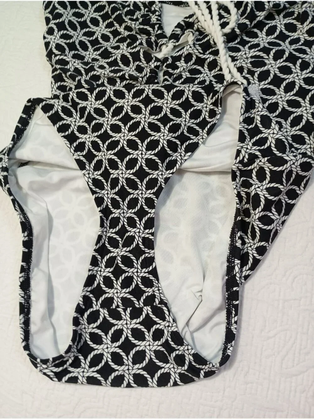 Michael Kors Black & White Rope Print One-Piece Swimsuit Sz 12 Tassel Tie Front